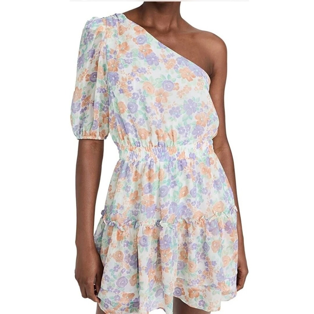 WAYF Floral One Shoulder Puff Sleeve Smocked Tiered Mini Dress Size Med NWOT